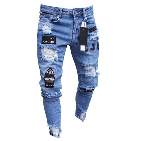 Mens Stretchy Ripped Skinny Biker Embroidery Print Jeans